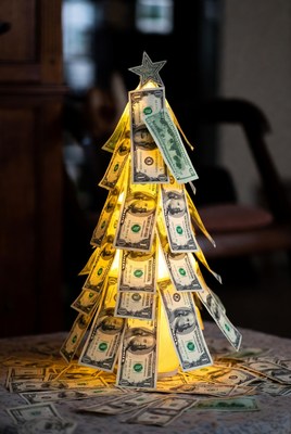 Holiday tree made of money bills