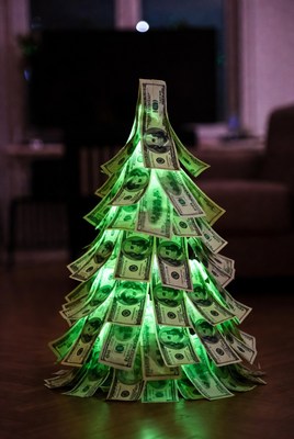 Money tree illuminated at night