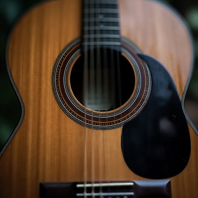 Close-up of a wooden acoustic guitar
