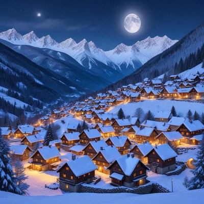Snowy village under moonlight