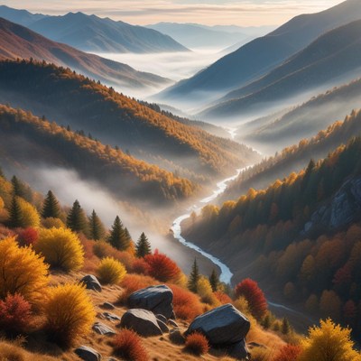 Autumn valley with river and mist