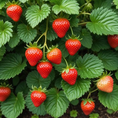 Fresh strawberries growing in garden