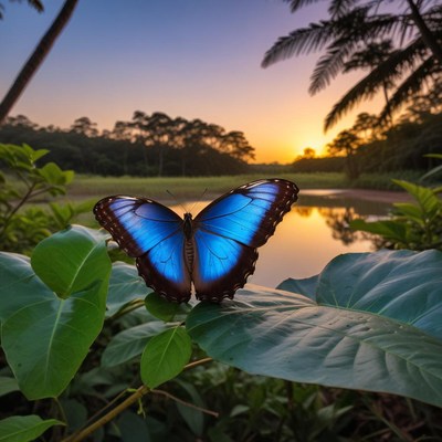 Blue butterfly by sunset in nature