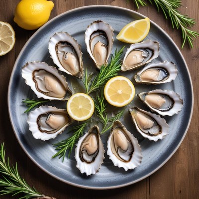 Fresh oysters with lemon slices