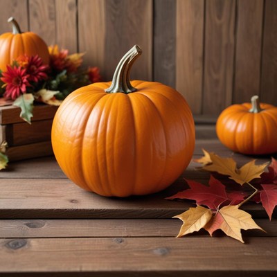 Bright pumpkins on rustic wooden table