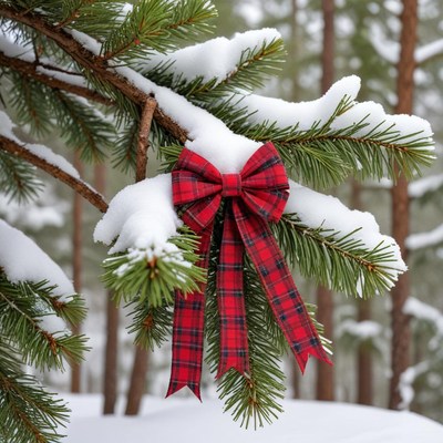 Snowy pine branch with holiday bow