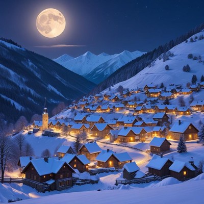 Snowy mountain village under moonlight