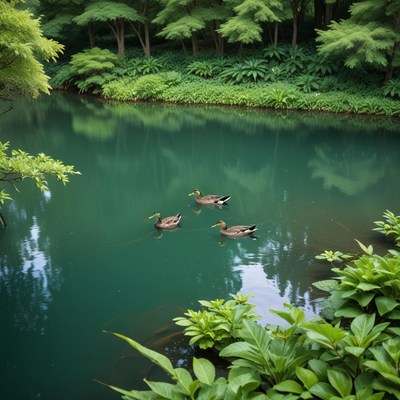 Ducks swimming in serene pond