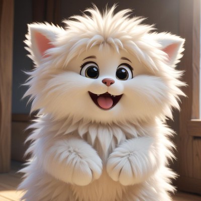 Happy fluffy cartoon cat character
