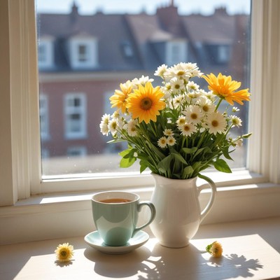Bright morning with flowers and tea