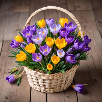 Colorful bouquet of crocus flowers in basket