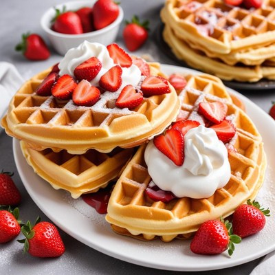 Delicious waffles topped with strawberries