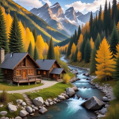 Mountain cabin by the river