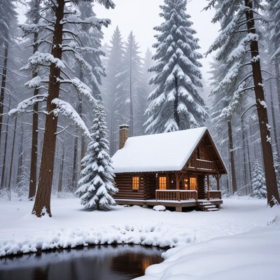 Cozy cabin in snowy forest
