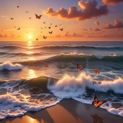 Sunset over ocean with butterflies