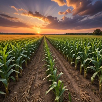 Sunset over cornfield landscape