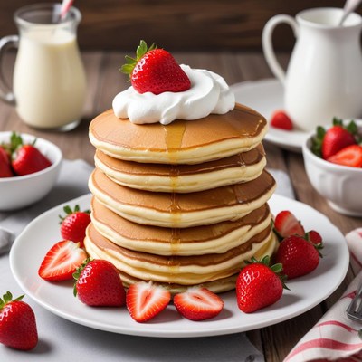 Delicious pancakes with strawberries and cream