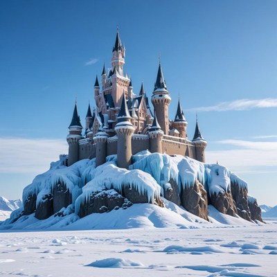 Winter castle surrounded by snow