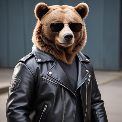 Bear in leather jacket posing confidently