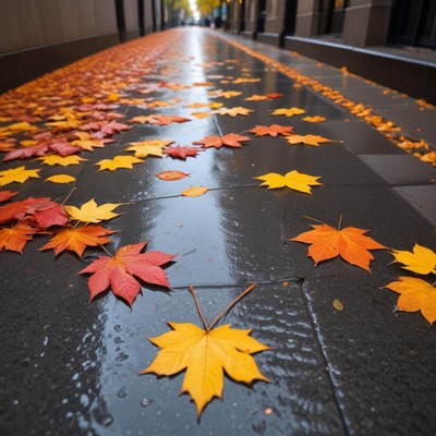 Colorful autumn leaves on wet pavement