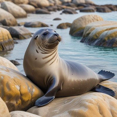 Seal resting on rocky shore