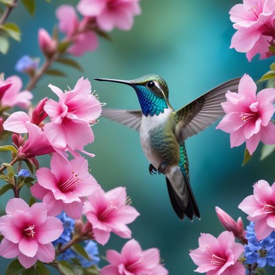 Hummingbird among pink flowers