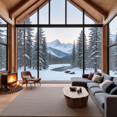 Winter cabin with mountain view