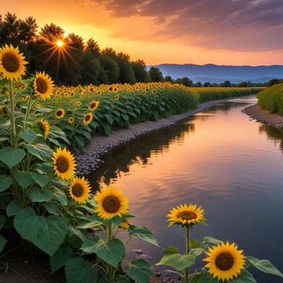 Sunflowers by the river at sunset