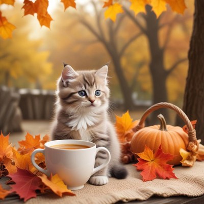 Cozy kitten with autumn decorations
