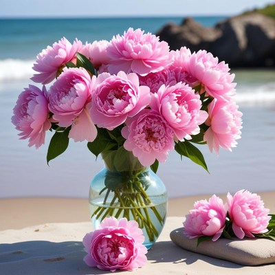 Beautiful pink peonies by the ocean