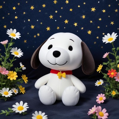 Cute plush dog surrounded by flowers