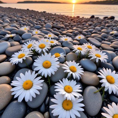 Daisies bloom among river stones
