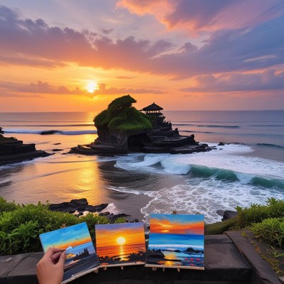 Creating art at sunset by the sea