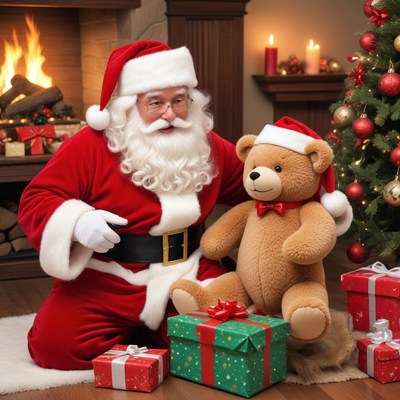 Santa claus with christmas gifts and bear