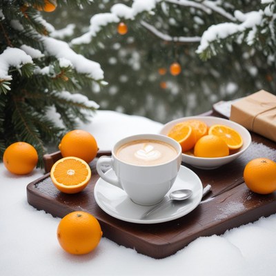 Winter coffee and oranges on snowy day