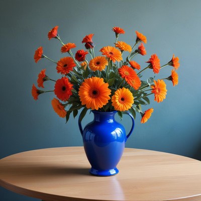 Bright orange flowers in blue vase