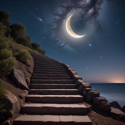 Moonlit staircase by the sea