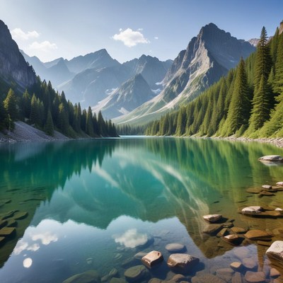 Tranquil mountain lake scene in daytime