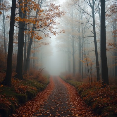 Misty autumn path in forest