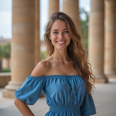Smiling woman near ancient columns