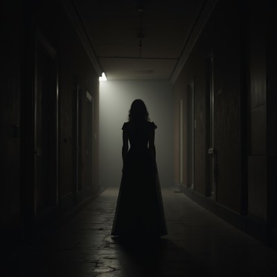 Woman in dark hallway at night