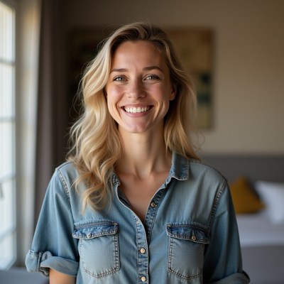 Happy woman in cozy room