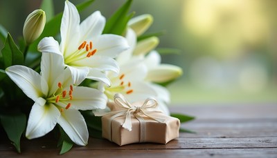Beautiful lilies and gift on table