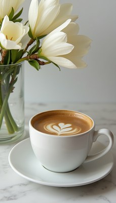 Coffee and flowers on a table