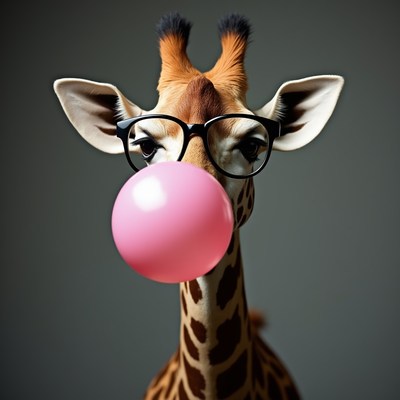 Giraffe blowing bubble gum