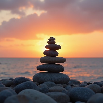 Stacked stones at sunset by the beach