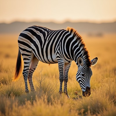 Zebra grazing in golden grassland