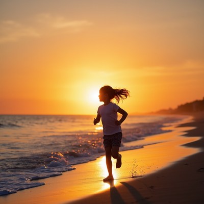 Running child at sunset beach