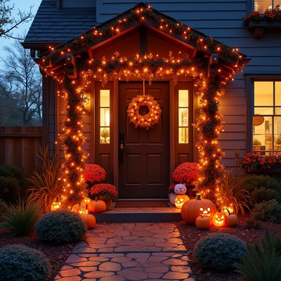 Halloween decorations brighten the porch