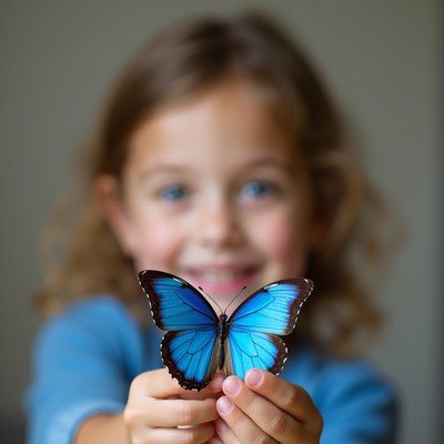Girl holds bright blue butterfly